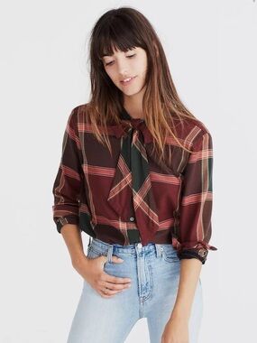 Madewell Plaid Tie-Neck Blouse in Burgundy and Forest Green